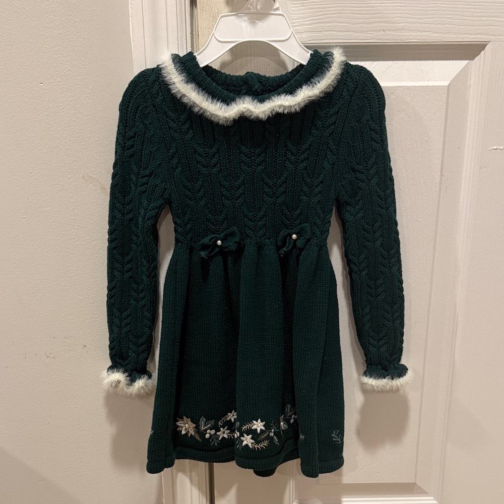 Dark Green Knit Dress with White Trim and embroidery